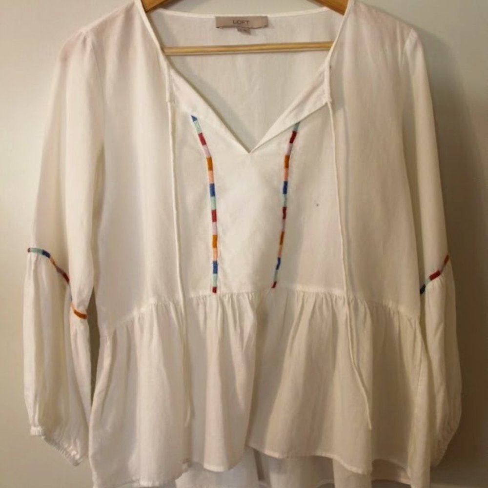 LOFT White Peplum Top with Multicolor Embroidered Accents and Bubble Sleeve